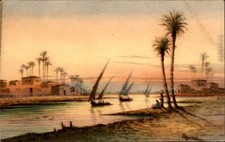 Vintage Aziz Bishai Nile River Sunset Felucca Boats Egypt Postcard UAR Cairo picture