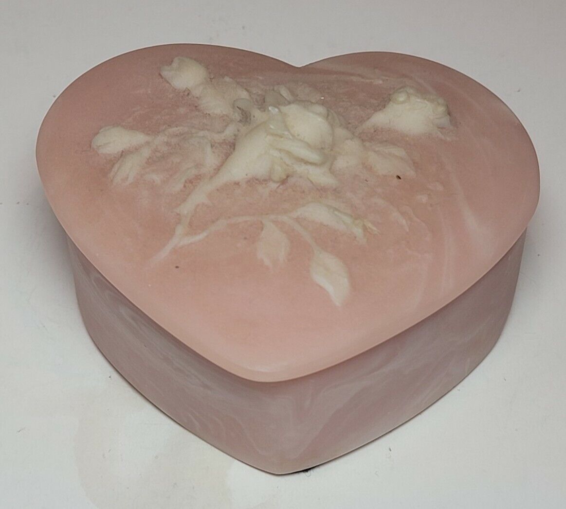 Incolay Pink and White ROSE Motif Design Heart-Shaped Jewelry/Trinket Box