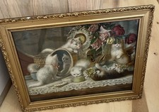 Vintage Ornate Gold Gesso Picture Frame w/ The Five Senses Cats Print H.C. Plumb picture