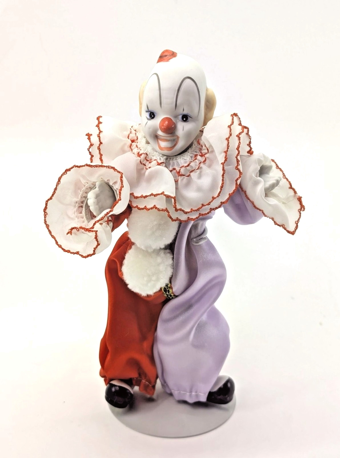 Vintage Porcelain Clown Doll Figurine Posable Red Purple Satin Suit Stand 7 in Vintage Porcelain Clown Doll Figurine Posable Red Purple Satin Suit Stand 7 in