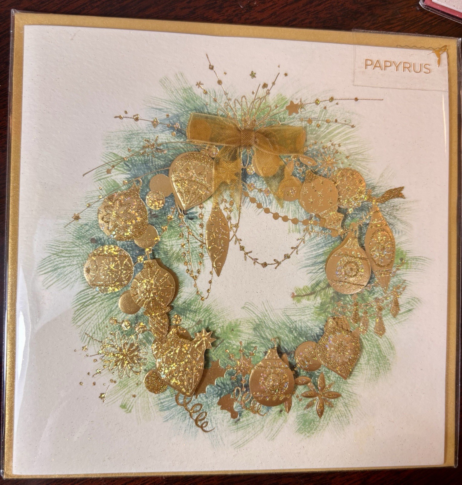 Papyrus Christmas Card Highly Embellished Beautiful Glitter Ornament Wreath