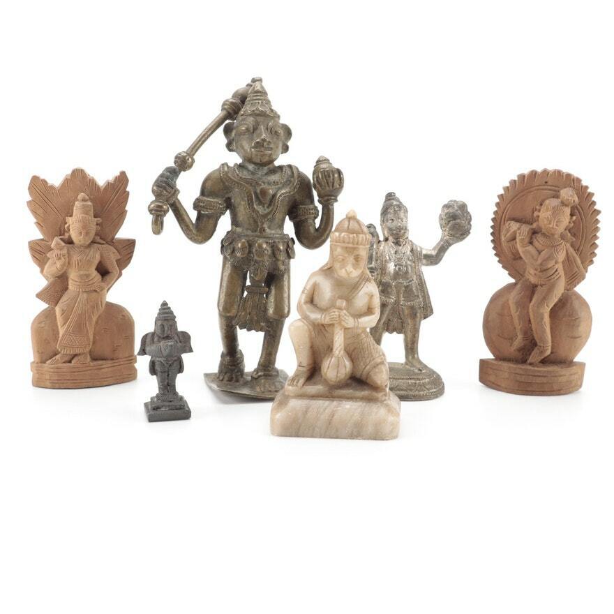 Metal, Stone, and Carved Wood Figurines Including Hindu Deities 