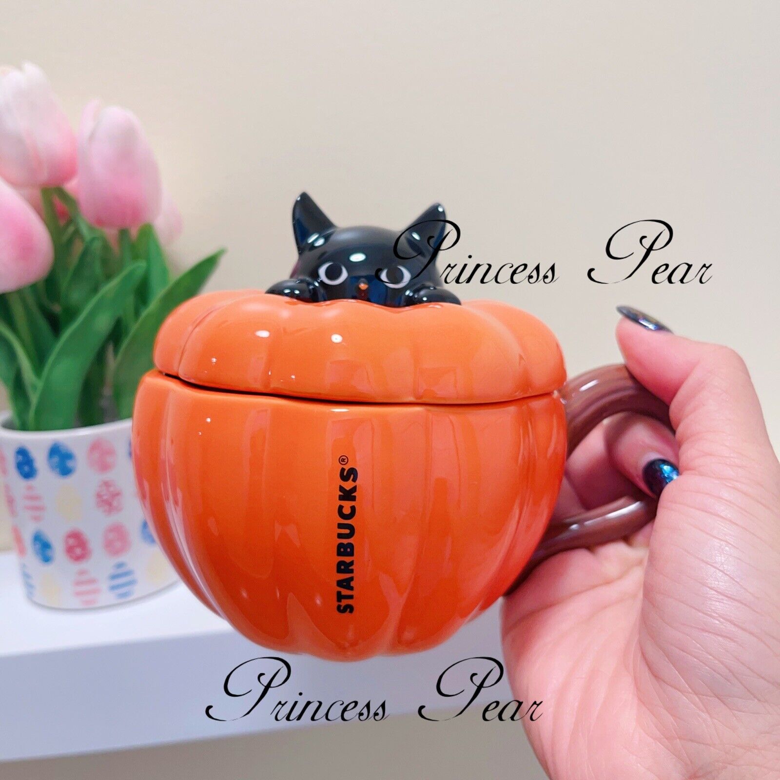 Starbucks Ceramic Mug Halloween Pumpkin 12oz.Lid Black Cat US Seller