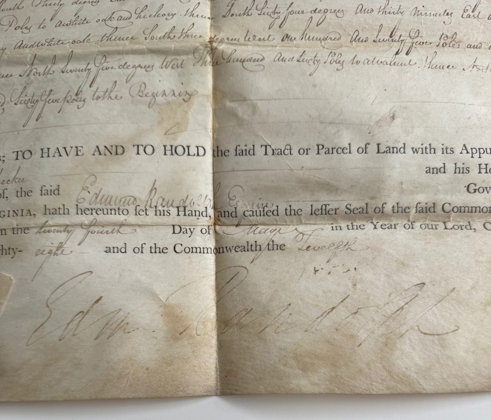 Edmund Randolph and John Harvie – 1788 Virginia Land Grant for 629 Acres with
