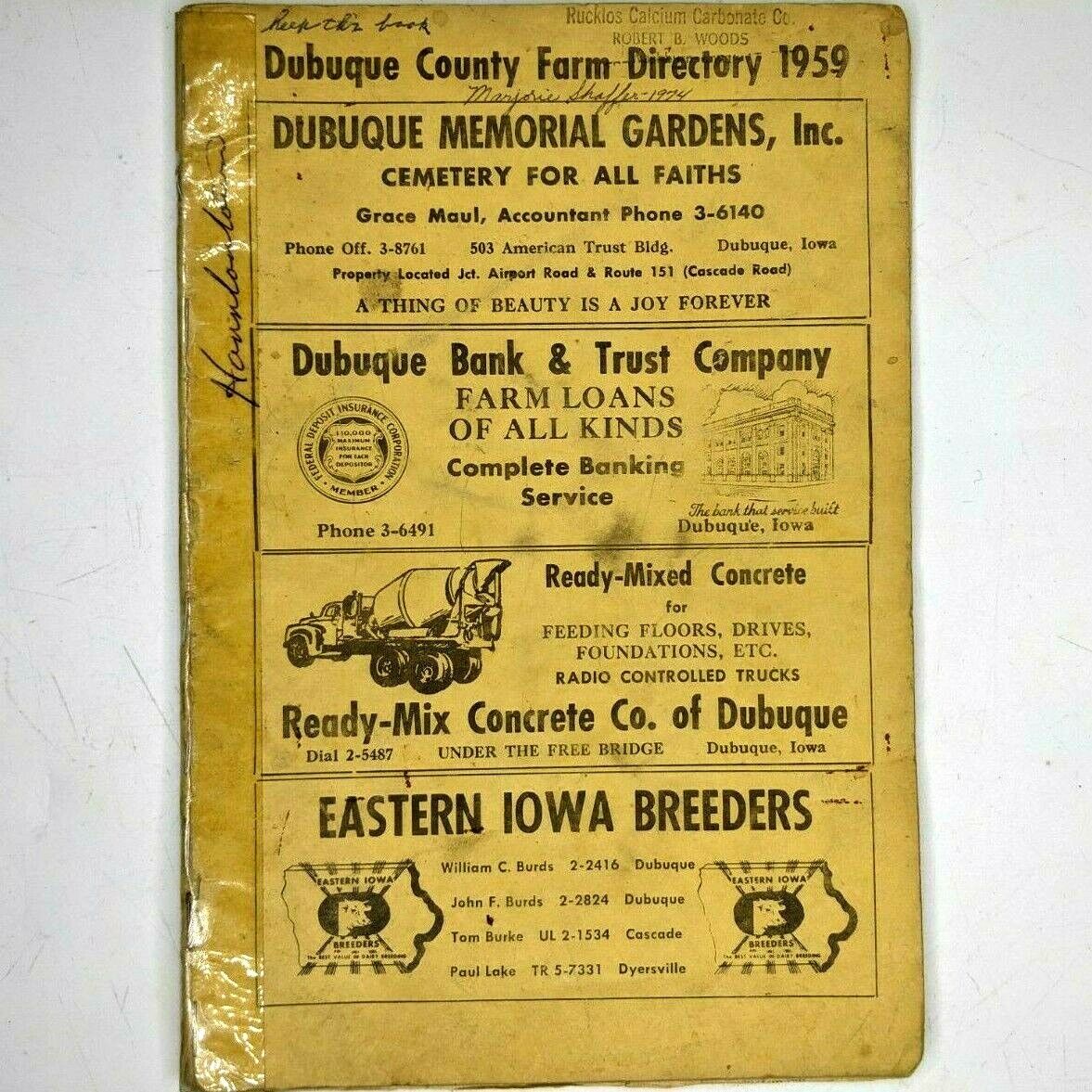 1959 Dubuque County, Iowa Farm Directory Townships Plat Booklet Names 1H