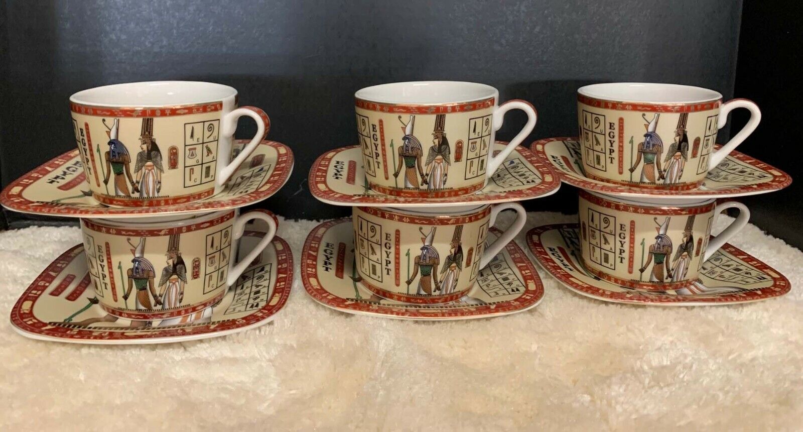 PI Porcelain International Egyptian Horas and Queen Nefertari 6 Cups & Saucers  