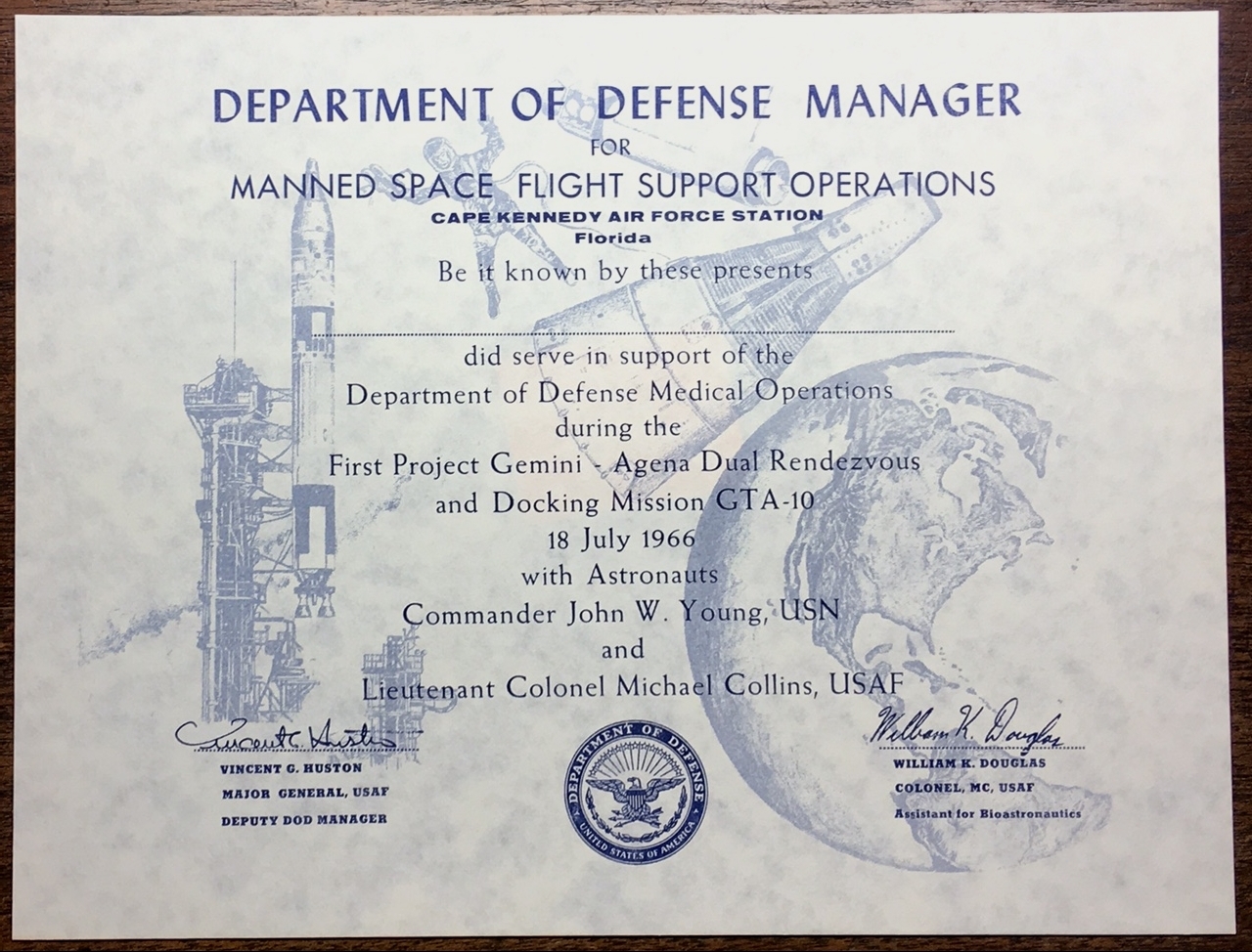 Maed Ops GT-10A NEIL ARMSTRONG & M. COLLINS DOD MED OPS SUPPORT AWARD UNUSED ...