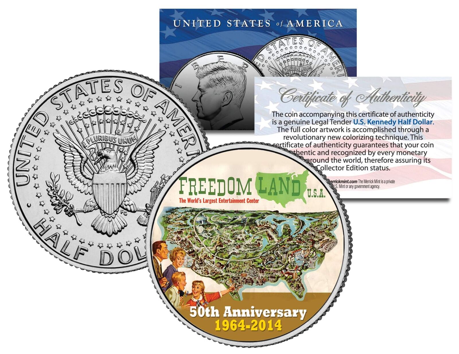 FREEDOM LAND USA Colorized JFK Kennedy Half Dollar US Coin AMUSEMENT PARK BRONX