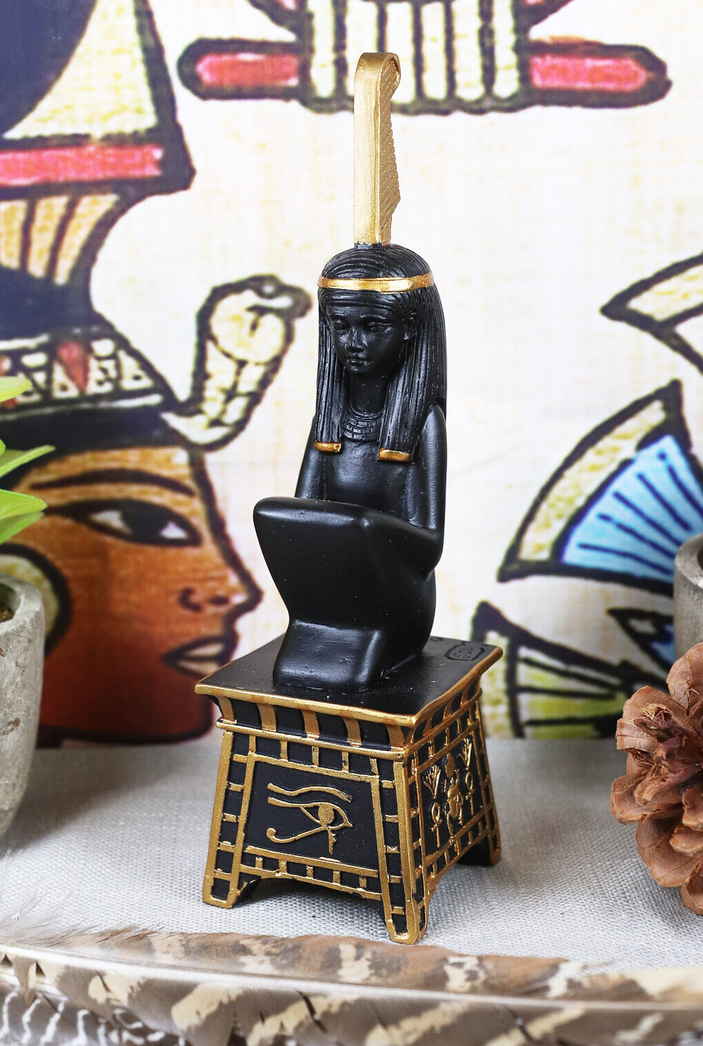 Egyptian Goddess Maat Squatting On Pedestal with Ostrich Feather Statue 6\