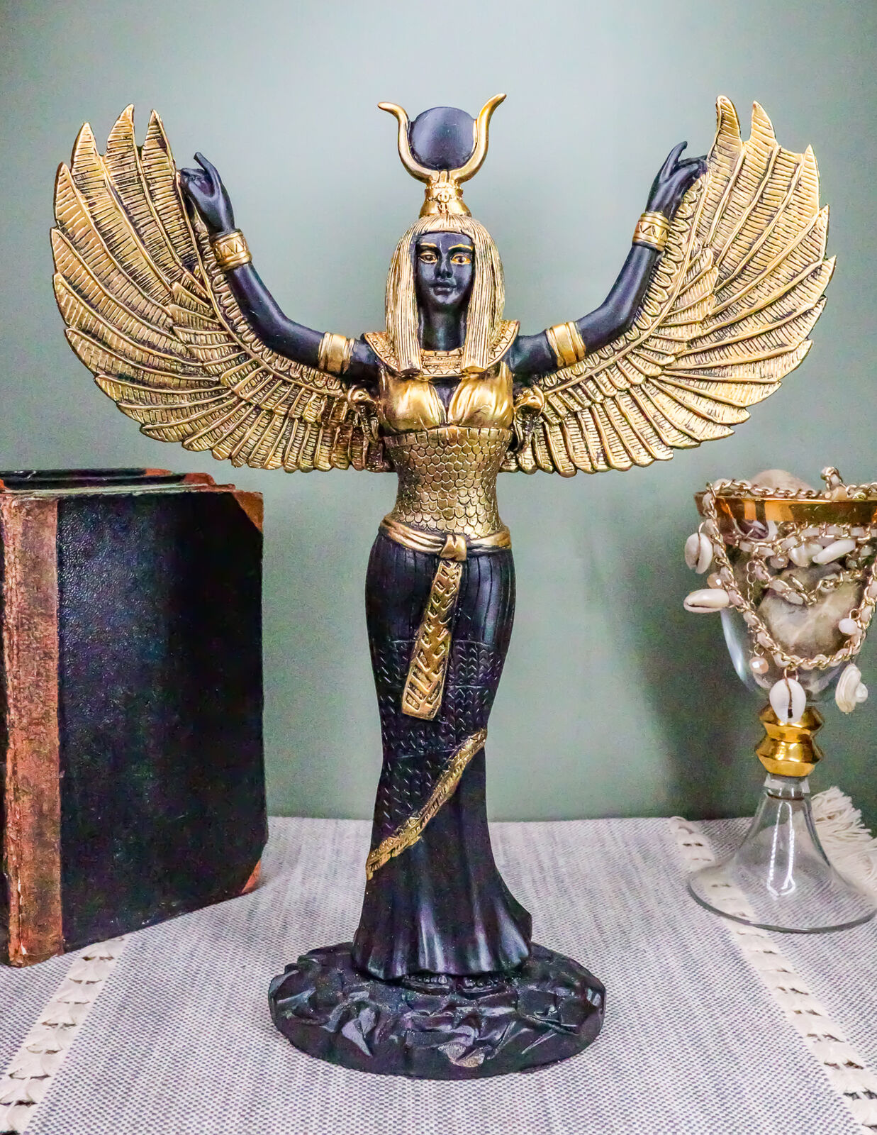 Black and Gold Isis with Open Wings Ancient Egyptian Goddess Figurine 12\