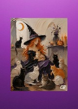 Witch's Cat Sanctuary | ACEO Art Card | Halloween Hollow Series | Impasto Print picture