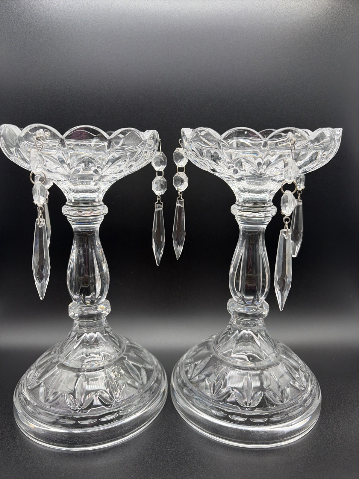 Tall Crystal Mantle Candlesticks With Crystal Spear Prisms Scalloped Rims