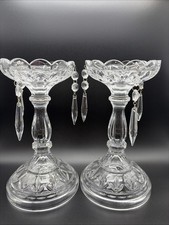 Tall Crystal Mantle Candlesticks With Crystal Spear Prisms Scalloped Rims picture