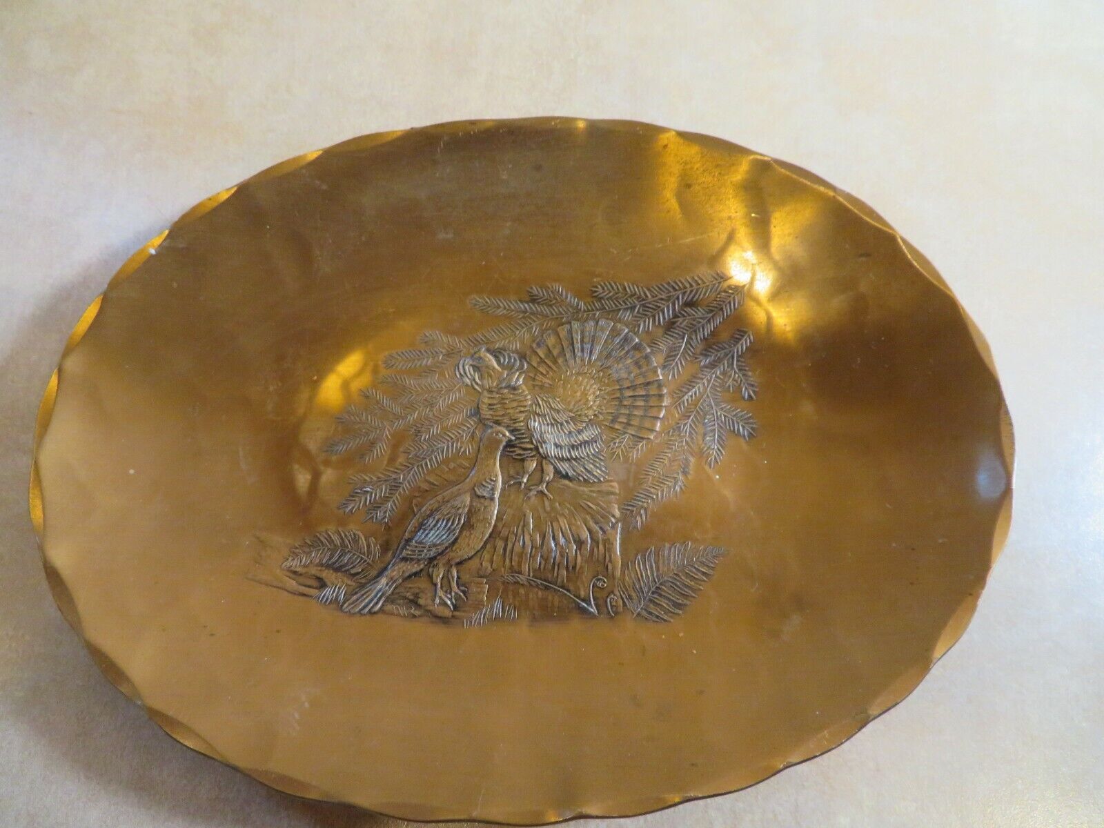 Solid Bronze Oval Dish Plate by Wendell August Forge Turkeys Birds 