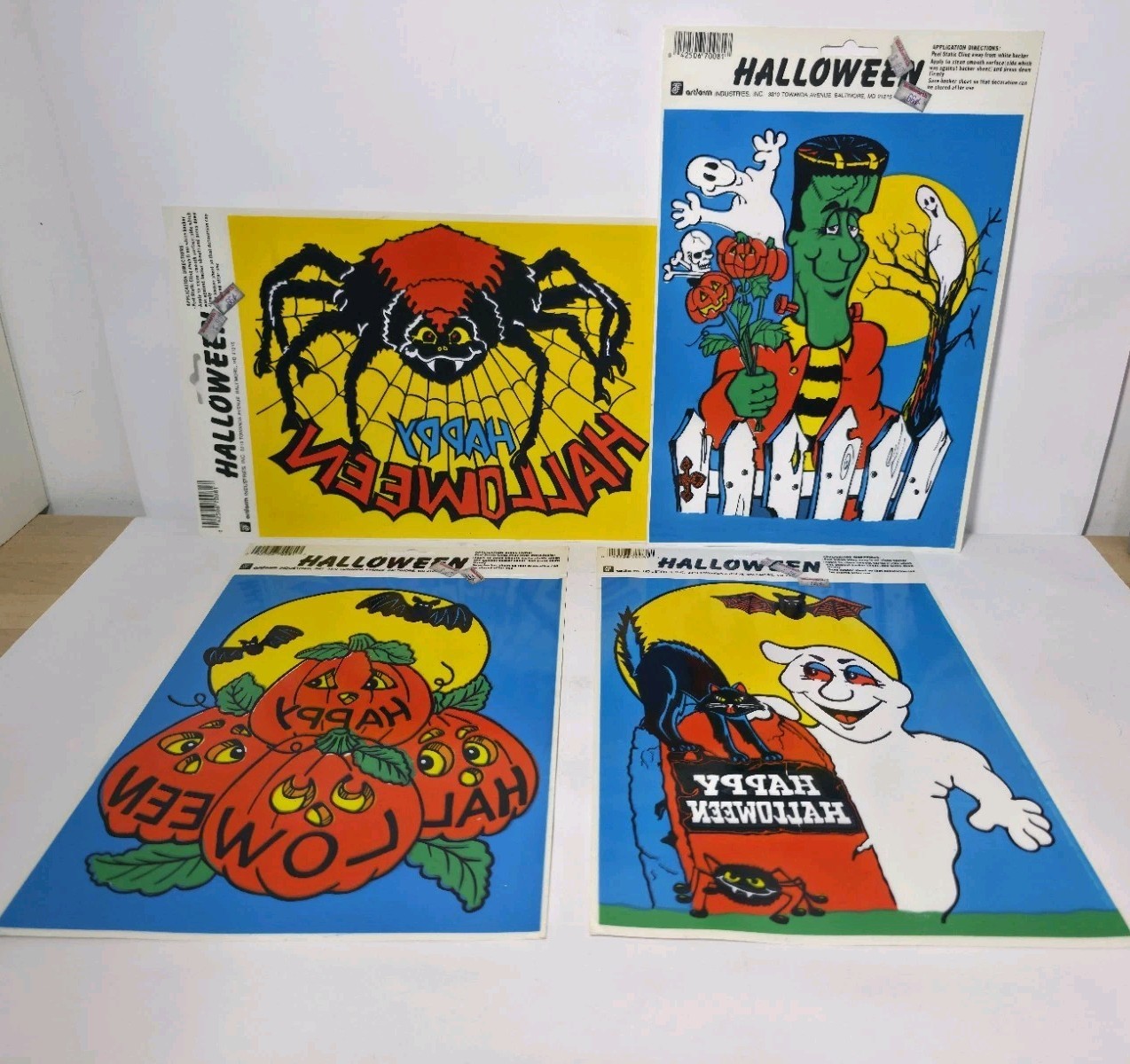 LOT Of 4 Vtg 90s Halloween Color Window Static Clings Frankenstein Ghost Spider 