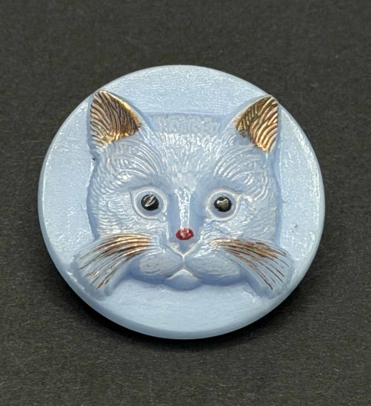 Vintage Blue Czech Glass CAT FACE Button - 1-1/16\ Vintage Blue Czech Glass CAT FACE Button - 1-1/16\