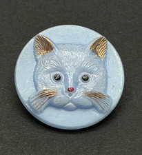 Vintage Blue Czech Glass CAT FACE Button - 1-1/16