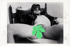 Vintage photo - Shaded biker in fishnet pouch, leather - in bed - Gay interest picture