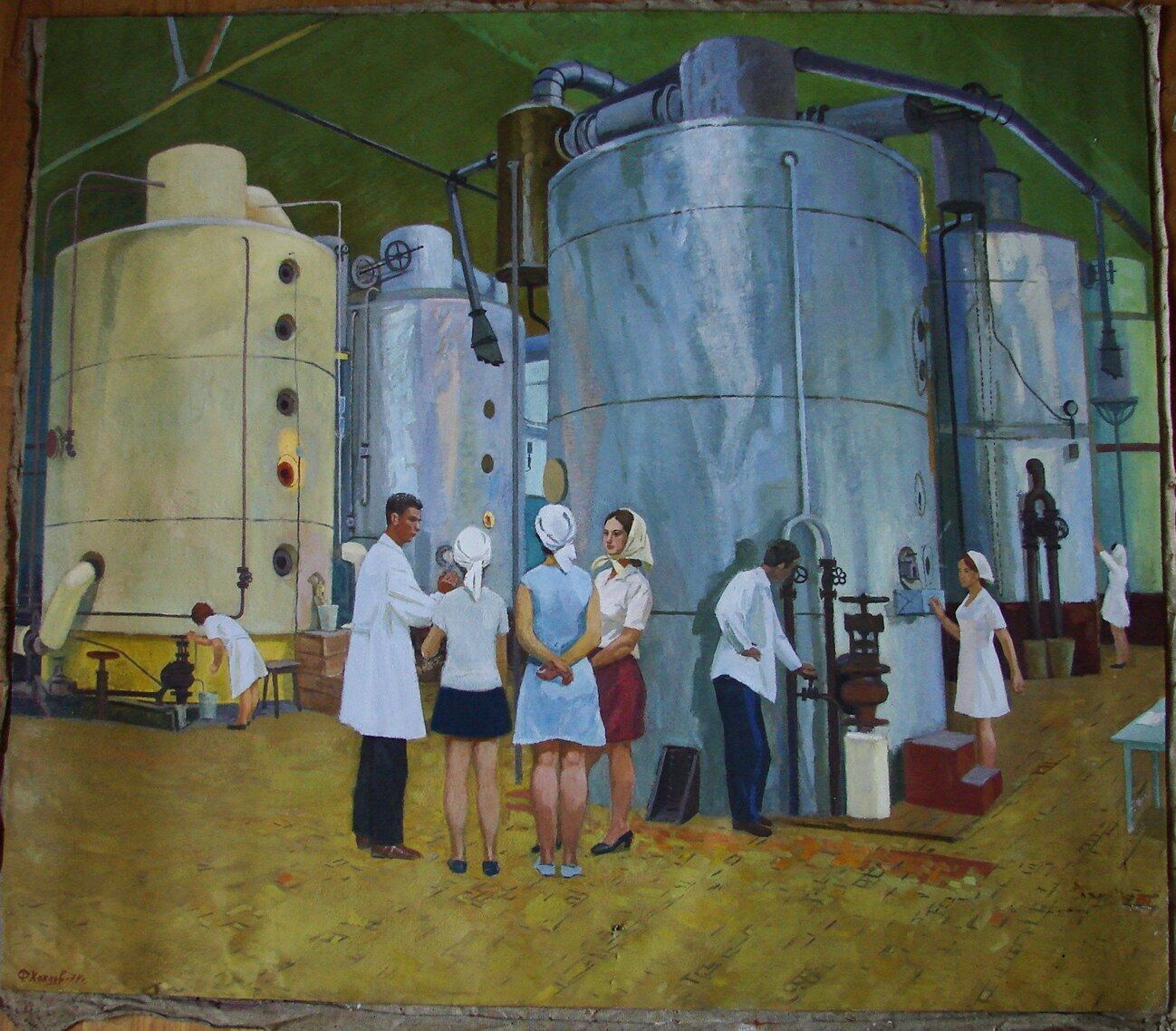  Ukrainian Soviet  USSR oil painting realism Sugar mill plant girl worker   