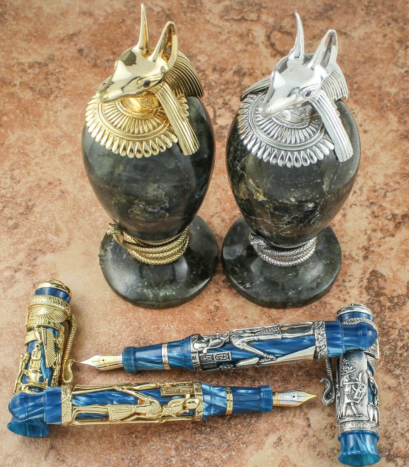 Montegrappa 1996 Luxor LE Gold FP & Silver FP Set with Inkwells - Matching #8