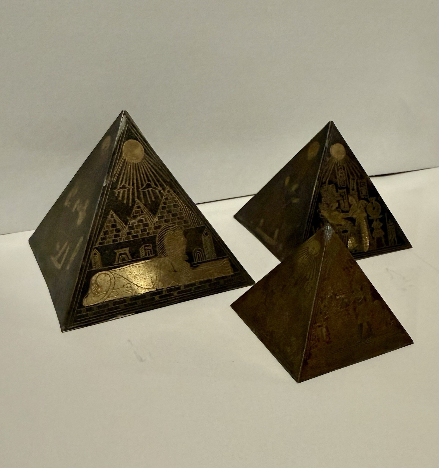 Set (3) Antique Copper Etched Sphinx Giza Pyramid w/ Egyptian Hieroglyphs