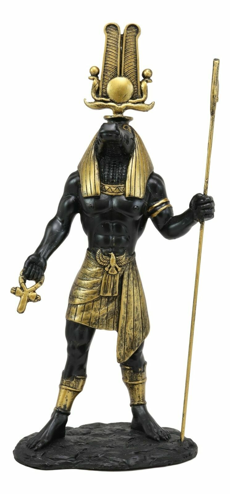 Black And Gold Egyptian God Sobek With Crocodile Head Atef Crown And Ankh Statue