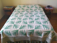 Fabulous  1930's Antique Rare Nile Green Palm Branch Quilt Hand Pieced picture