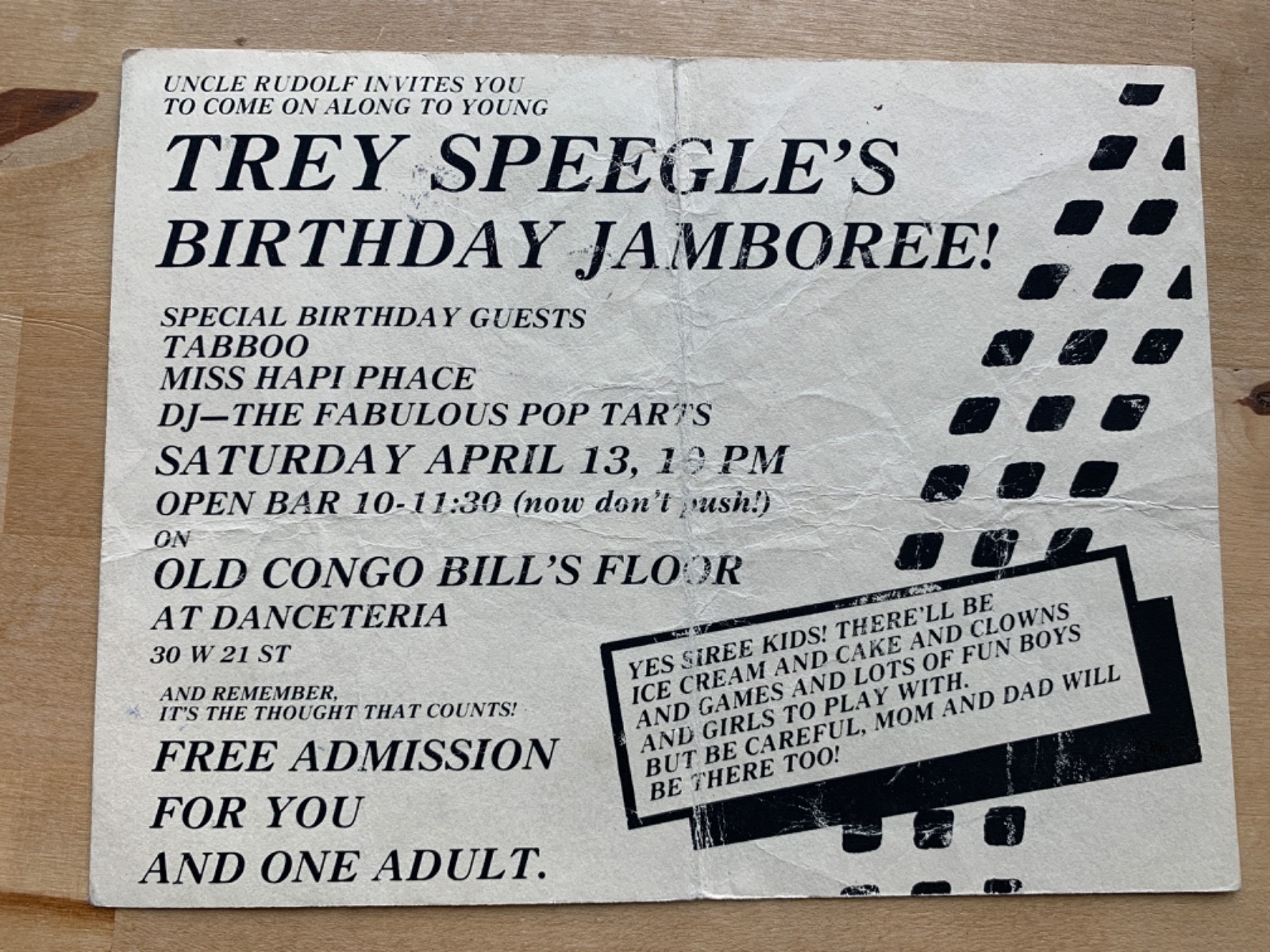 RARE 1985 - DANCETERIA invite - TREY SPEEGLE - TABBOO - HAPI PHACE - POP TARTS