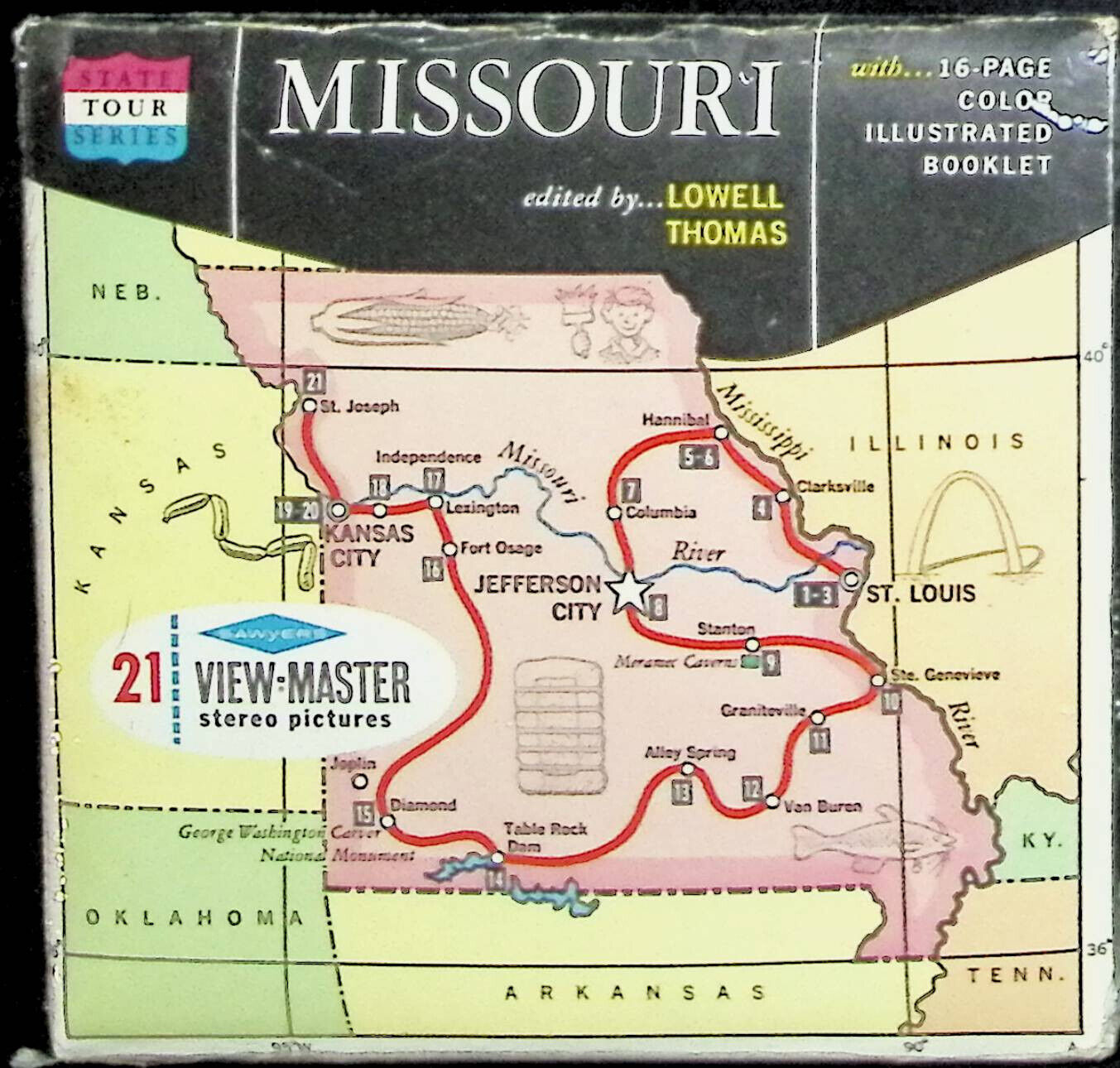 MISSOURI STATE TOUR SERIES 3d View-Master 3 Reel Packet - Map Cover