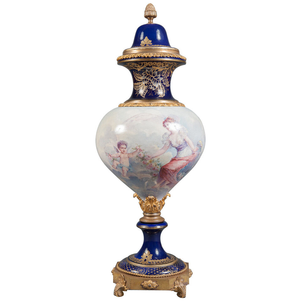 A French Antique Sevres Style Hand Painted Ormolu Mounted Lidded Vase Signed