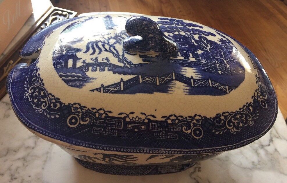 Hulse Nixon Adderley Blue White  Stoneware 1853-1868 soup Bowl W/ Lid England