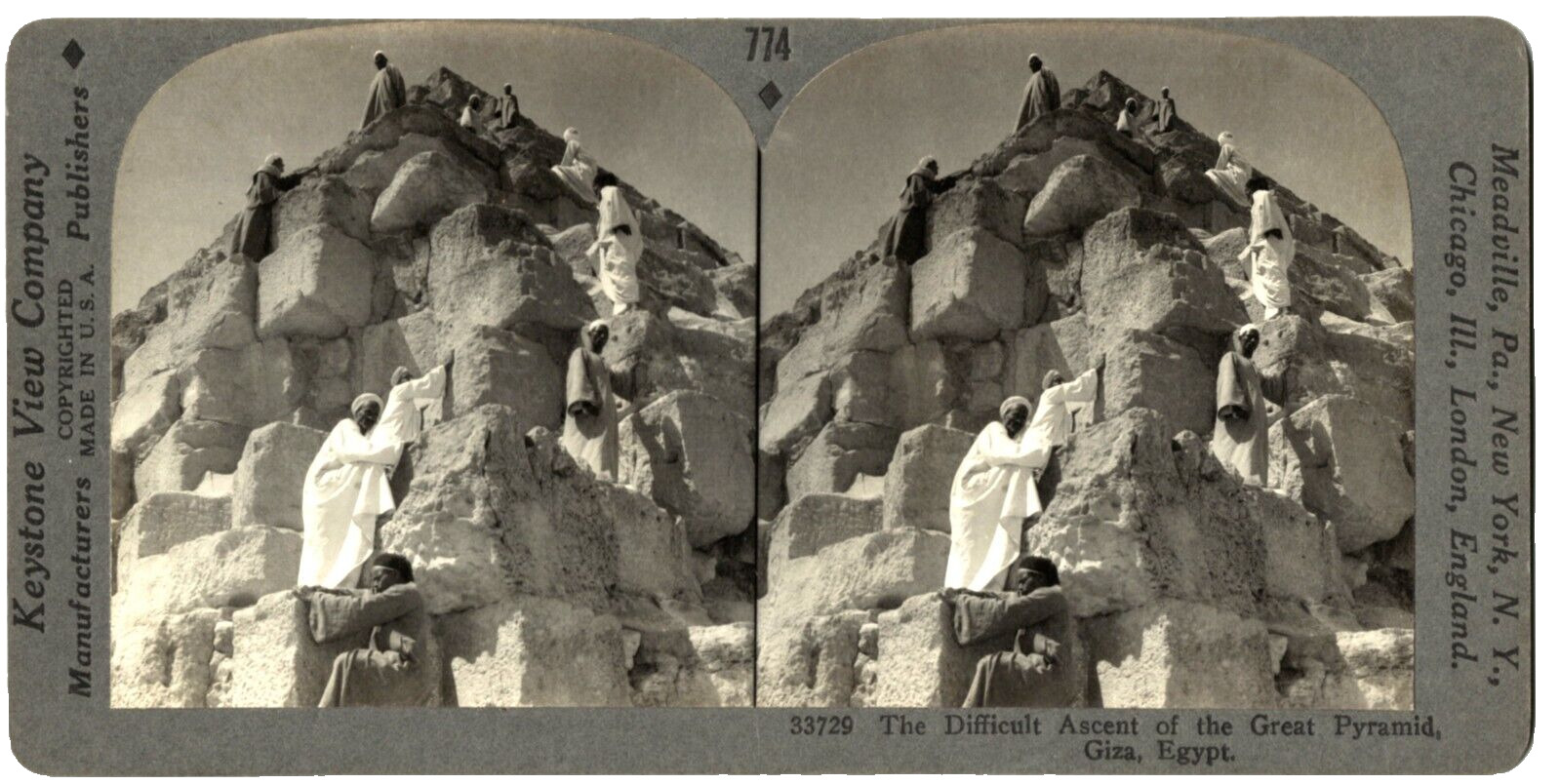 EGYPT ANTIQUE STEREOVIEW THE DIFFICULT ASCENT OF THE GREAT PYRAMID GIZA