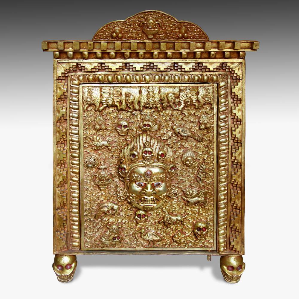 SHRINE PORTABLE MAHAKALA MOTIF KATHMANDU GOLD COPPER NEPAL TIBET BUDDHISM