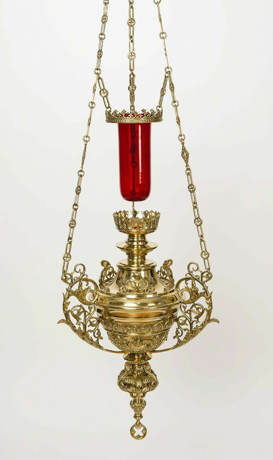 LARGE BRASS HANGING CATHEDRAL SIZE CHURCH SANCTUARY LAMP WITH RED GLOBE - 199