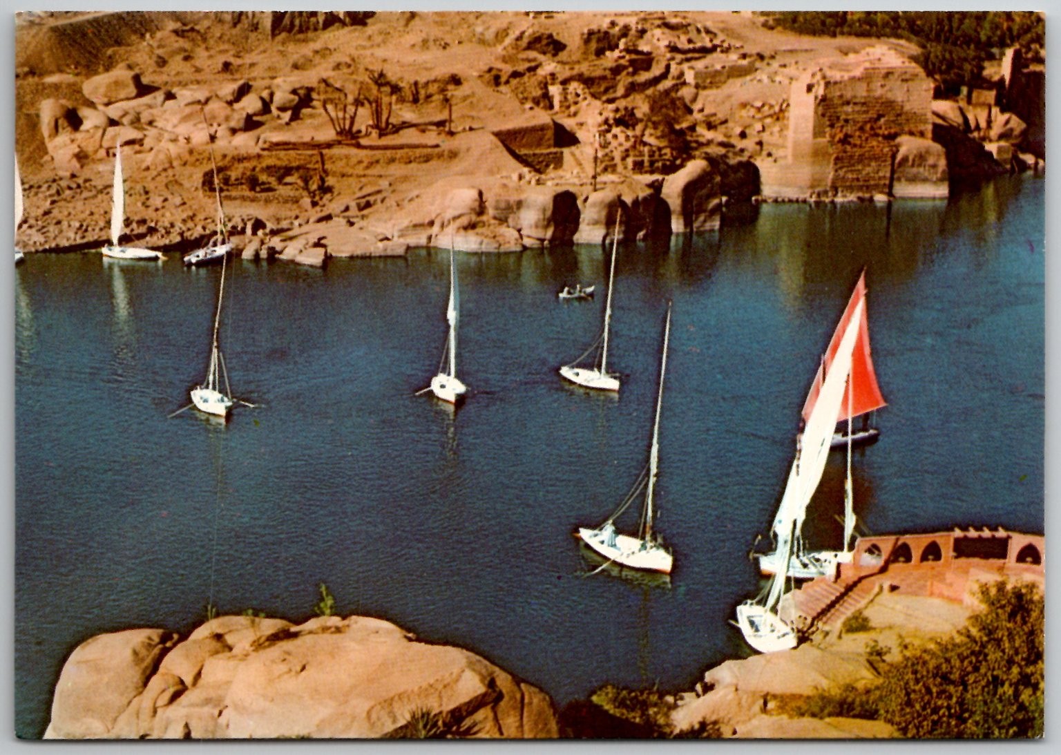 Vintage Aswan Egypt Nile River Felucca Boats Postcard - Anisens Cairo Vintage Aswan Egypt Nile River Felucca Boats Postcard - Anisens Cairo